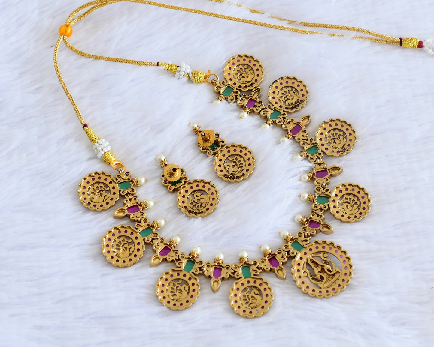 Antique gold tone pink-green lakshmi peacock necklace set dj-53009