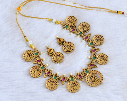 Antique gold tone pink-green lakshmi peacock necklace set dj-53009