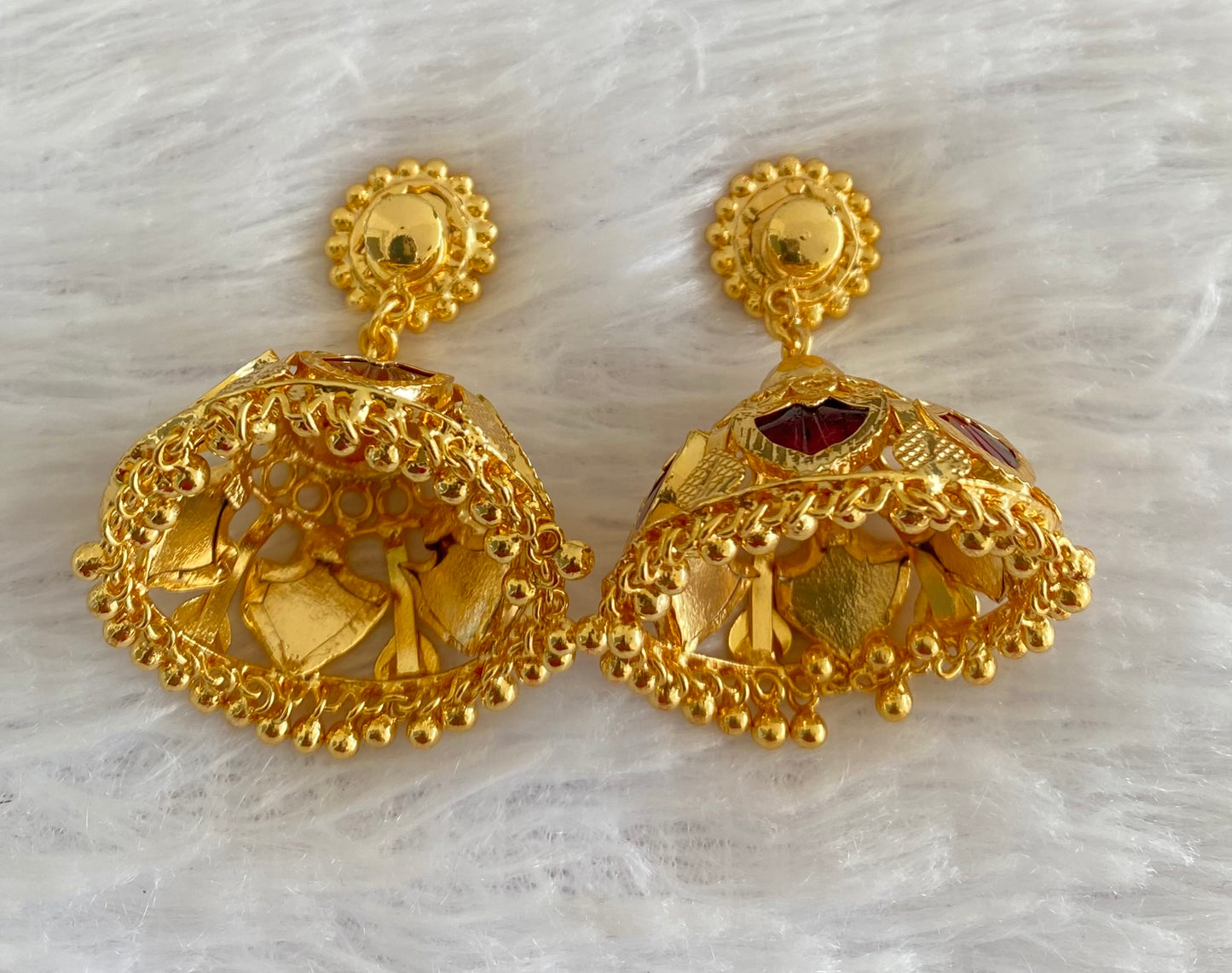 Gold tone kerala style red 6 petals of palakka jhumkka dj-53135