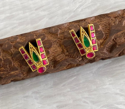Gold tone pink-green kundan jadau shri thirumal nama earrings dj-53553