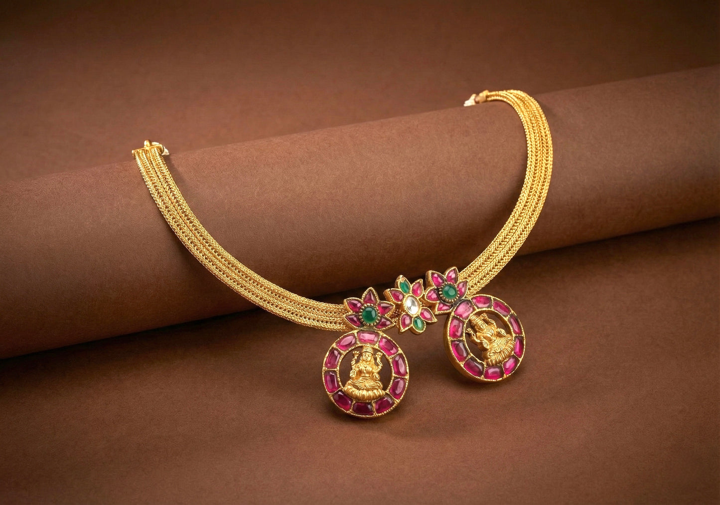 Antique gold tone pink-green kundan jadau Lakshmi necklace dj-35016