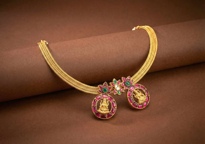 Antique gold tone pink-green kundan jadau Lakshmi necklace dj-35016