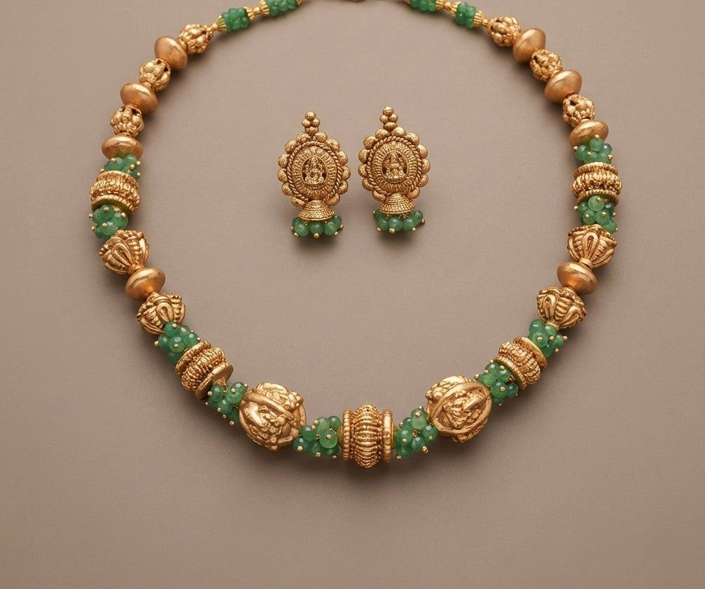 Antique gold tone flower green nakshi beaded necklace set dj-52698