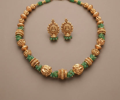 Antique gold tone flower green nakshi beaded necklace set dj-52698