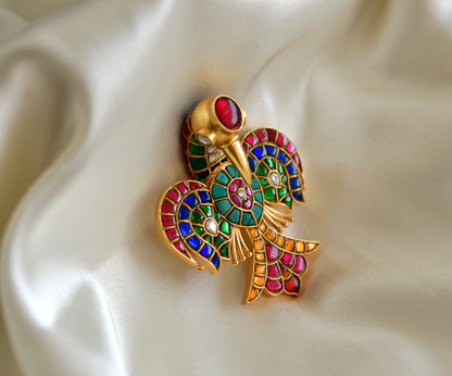 Matte finish Navarathna kundan jadau bird brooch dj-52639