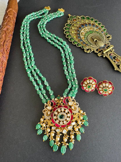 Matte finish pink-green-white kundan jadau green beaded peacock haar set dj-52234
