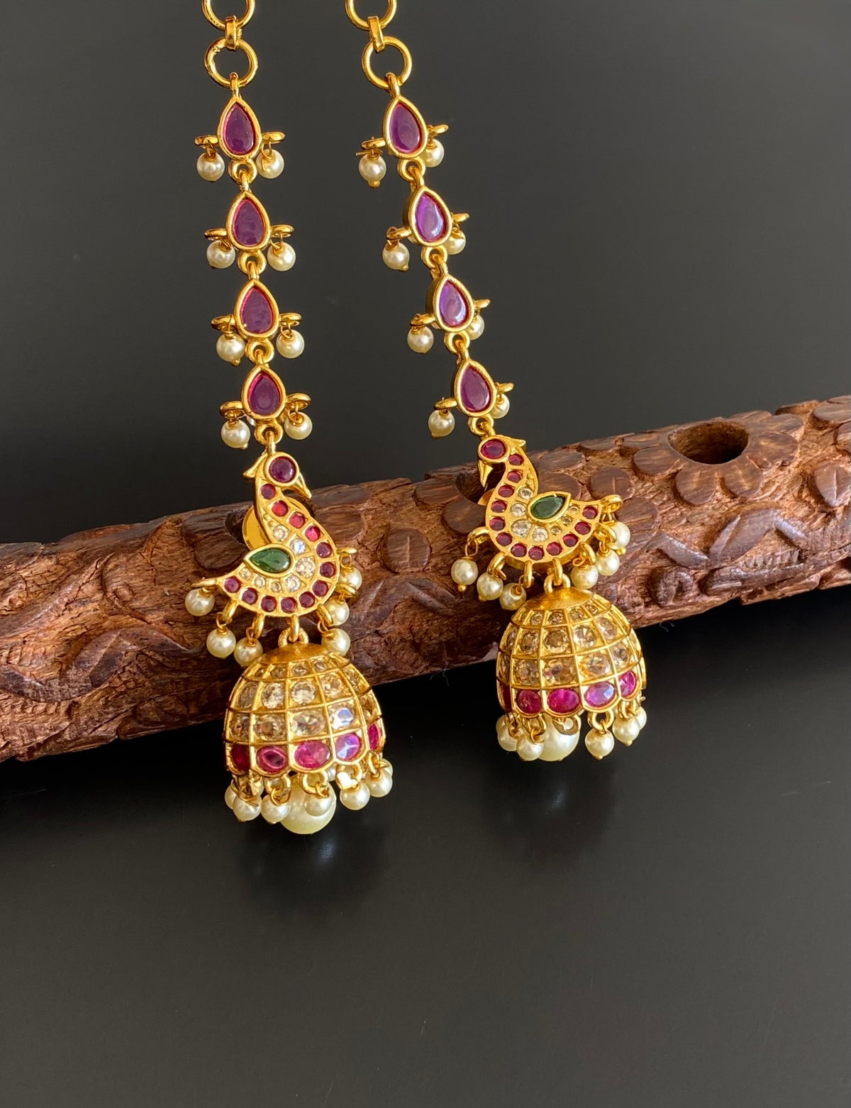 Antique gold tone pearl swan jhumkka with ear side chain dj-55095