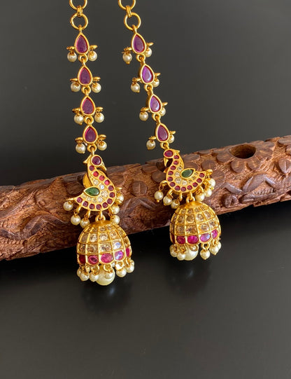 Antique gold tone pearl swan jhumkka with ear side chain dj-55095