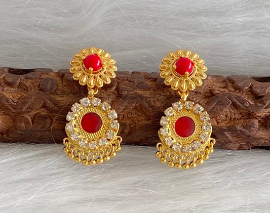 Gold tone round coral red-white stone kerala style earrings dj-54317