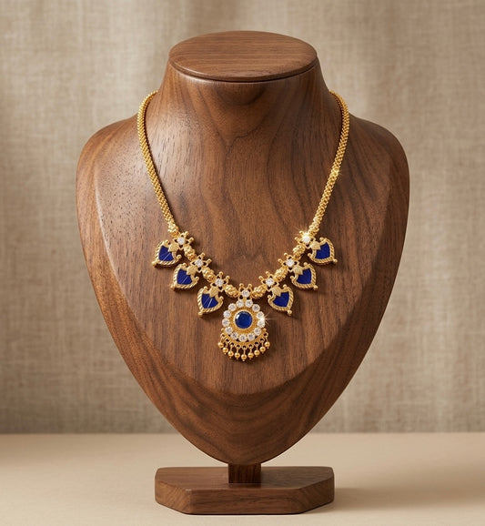 Gold tone white-blue palakka necklace dj-53058