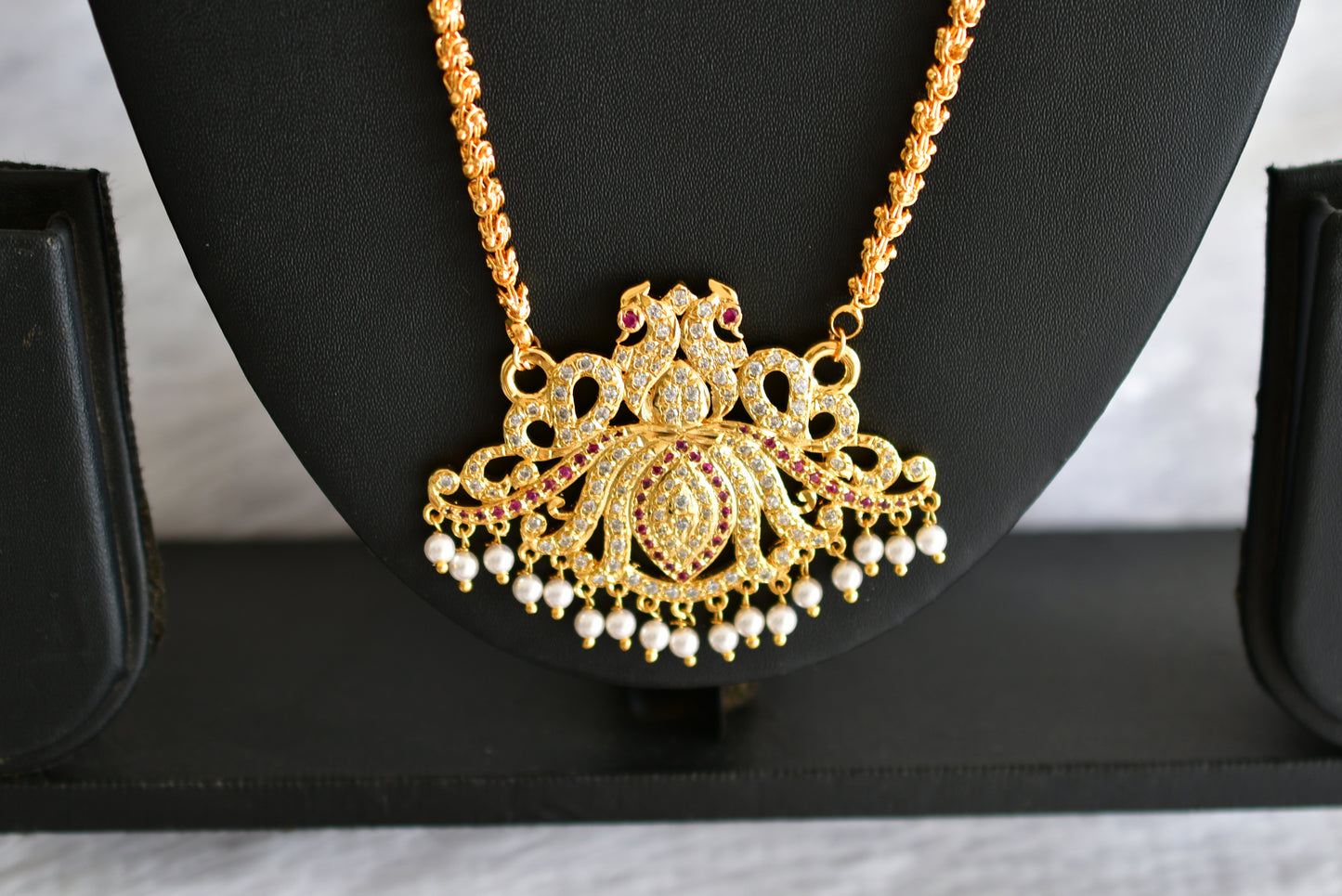 Gold Tone AD White-pink Peacock Lotus Pendant Chain dj-51910