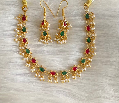 Antique gold tone kemp-green kundan jadau pearl necklace set dj-54149