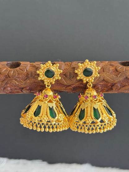 Gold tone pink-green Nagapadam Kerala style 8 petal jhumkka dj-40301