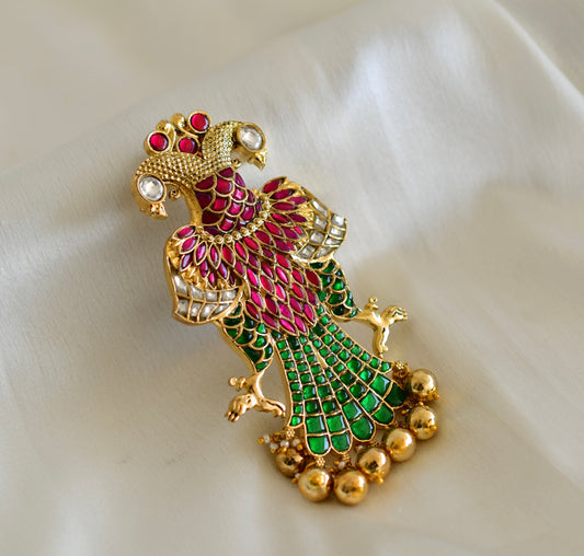 Antique gold tone pink-green kundan jadau Gandaberunda pendant dj-52598
