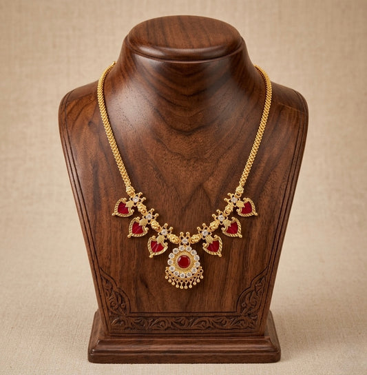 Gold tone white-red palakka necklace dj-53067