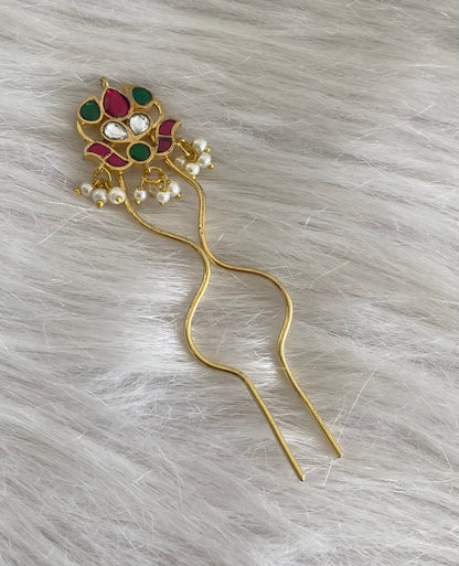 Gold tone kundan jadau kemp-green-white pearl hair jewel/pin dj-55064
