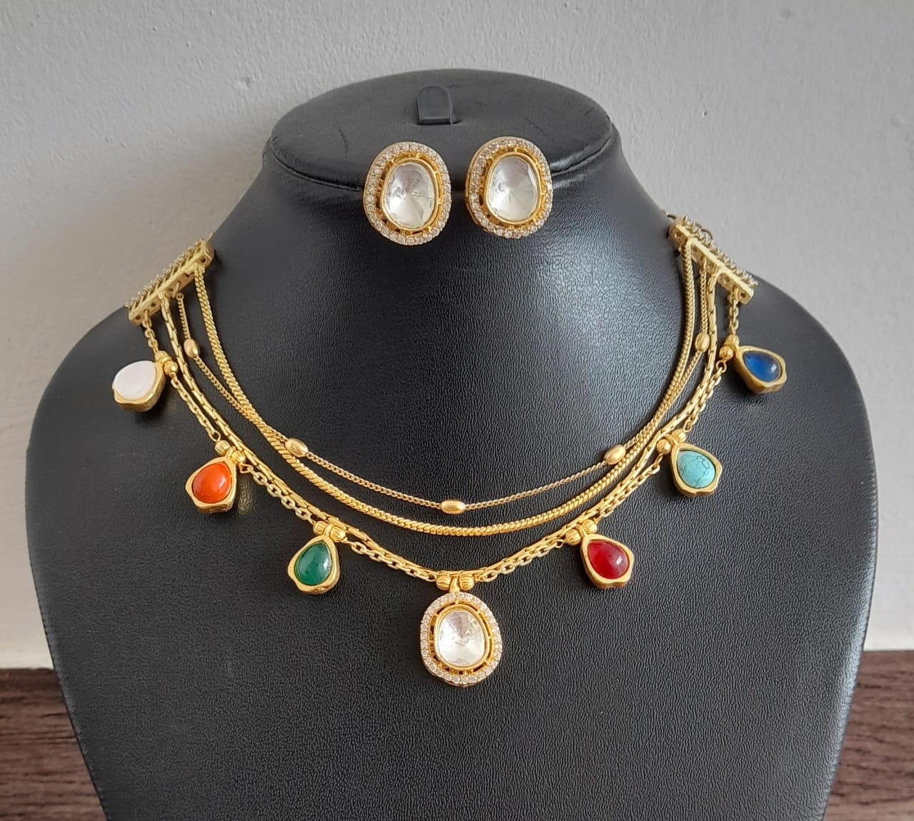 Matte finish cz white-navarathna kundan layer necklace set dj-48726