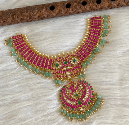 Antique gold tone peacock green beaded kundan jadau pearl necklace dj-54165