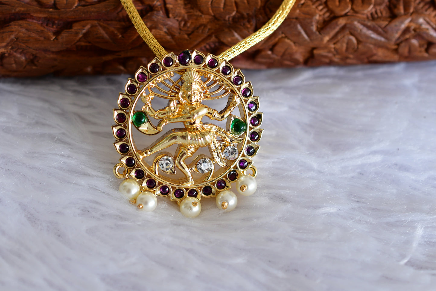 Gold tone precious kemp-green pearl Shri Natarajar necklace dj-52254