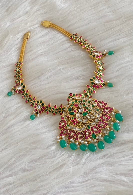 Gold tone Red-green-white kundan jadau peacock-mango necklace dj-35835