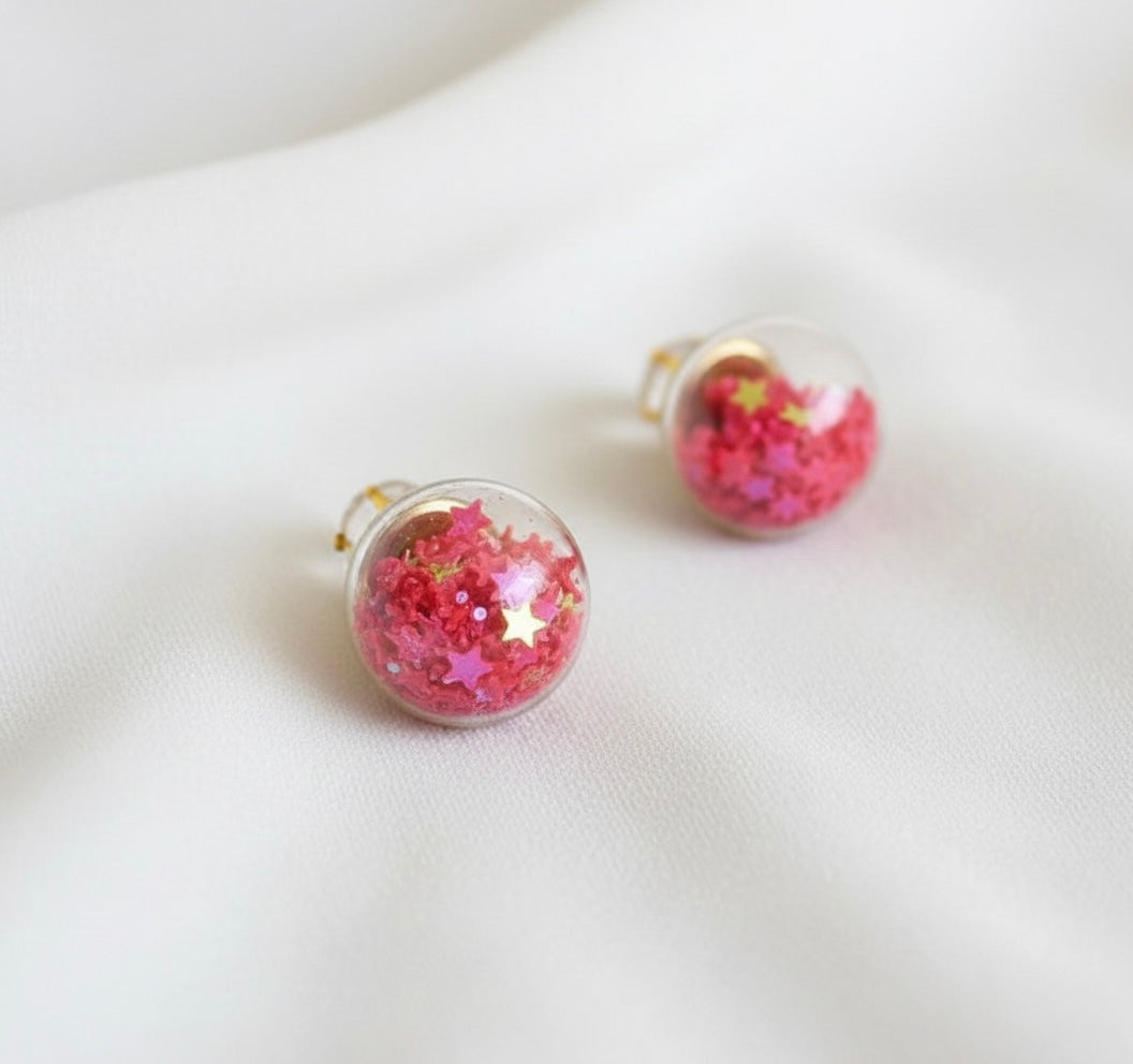 Gold tone Dark Pink Ball Earrings-dj17323