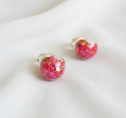 Gold tone Dark Pink Ball Earrings-dj17323