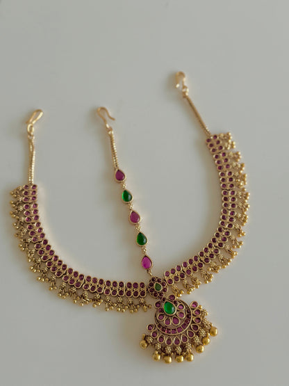 Matte finish kemp-green flower maang tikka dj-51377