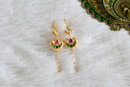 Gold tone pink-green kundan jadau lotus bugadi needle earrings dj-52447