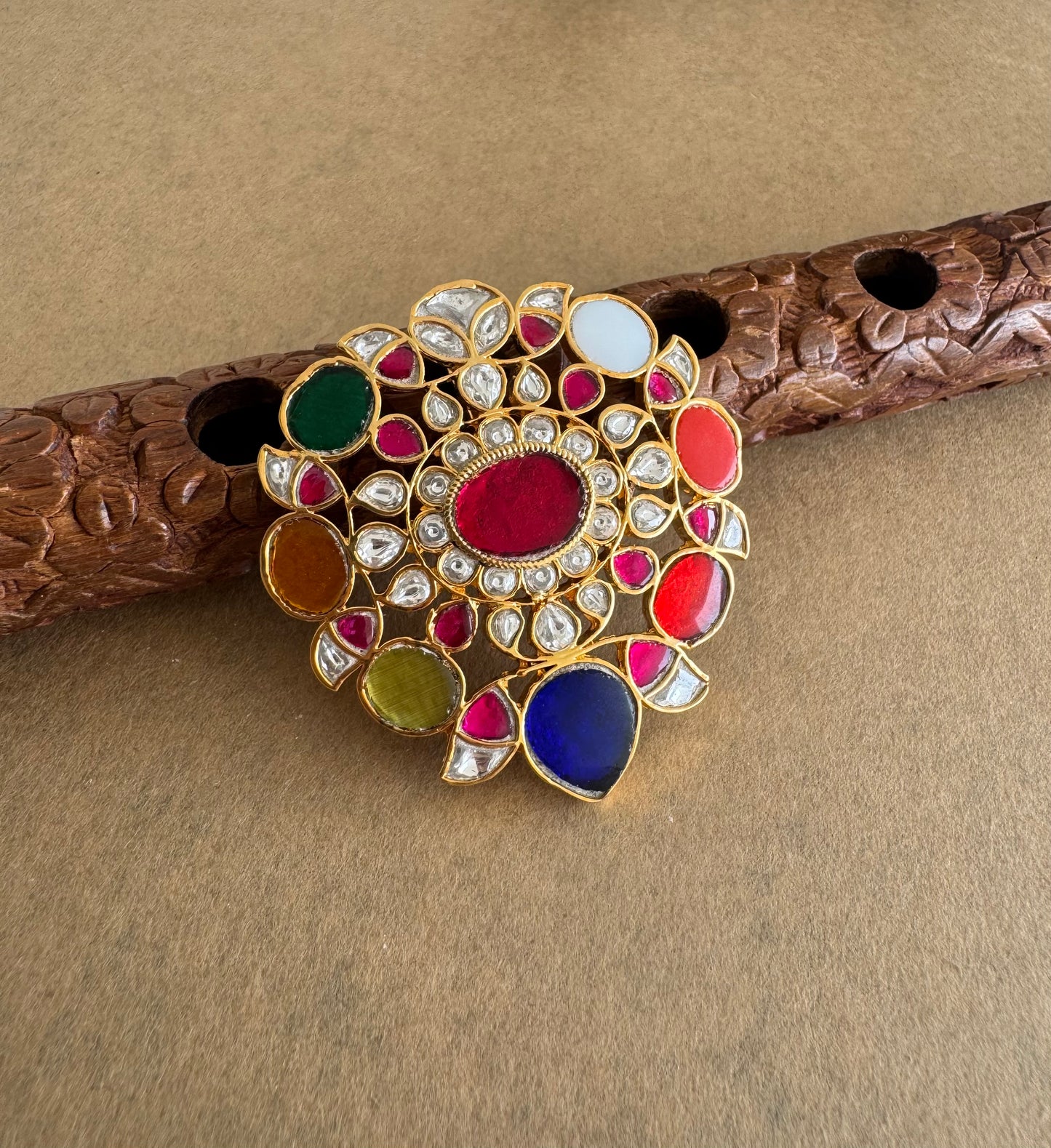 Gold tone navarathna kundan jadau flower pendant dj-51587