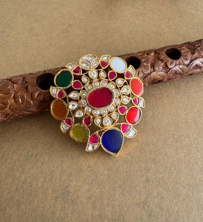 Gold tone navarathna kundan jadau flower pendant dj-51587