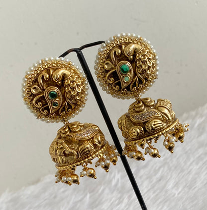 Antique gold tone cz green pearl round big nakshi jhumkka dj-53590