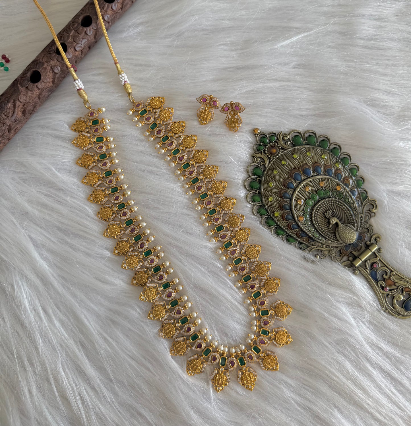 Matte Finish Cz Ruby-green Pearl Ram parivar Haar Set Dj-51327