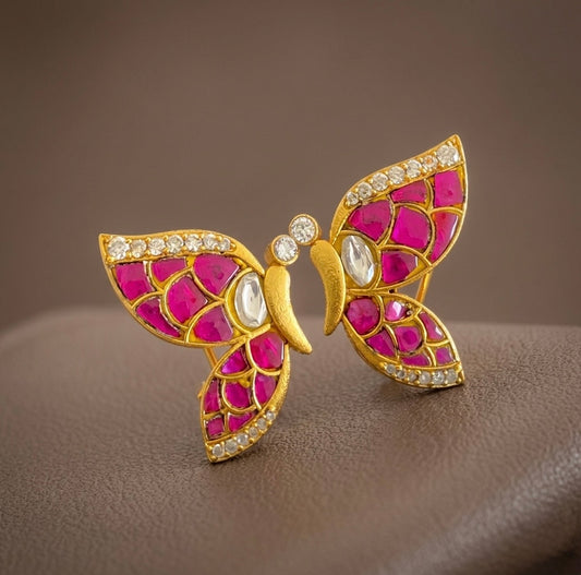 Gold tone pink-white kundan jadau butterfly earrings dj-53528