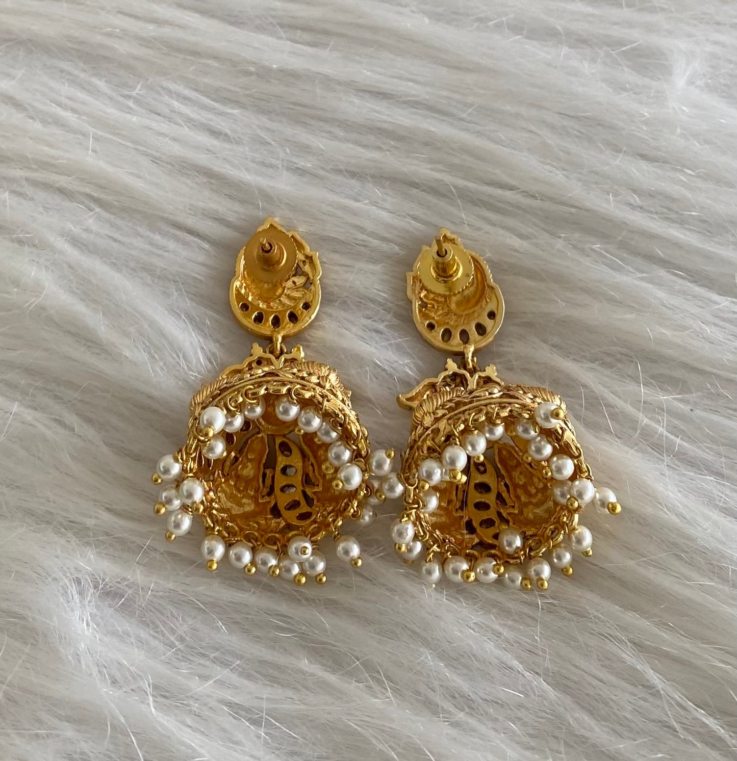 Gold tone pink-green-white stone peacock lakshmi pearl jhumkka dj-54598
