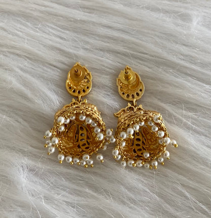Gold tone pink-green-white stone peacock lakshmi pearl jhumkka dj-54598
