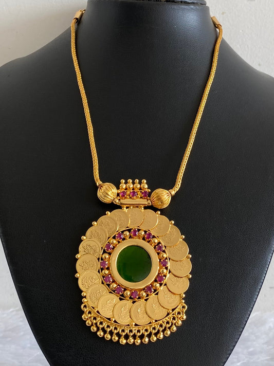 Gold tone pink-green round kerala style lakshmi coin necklace dj-54357
