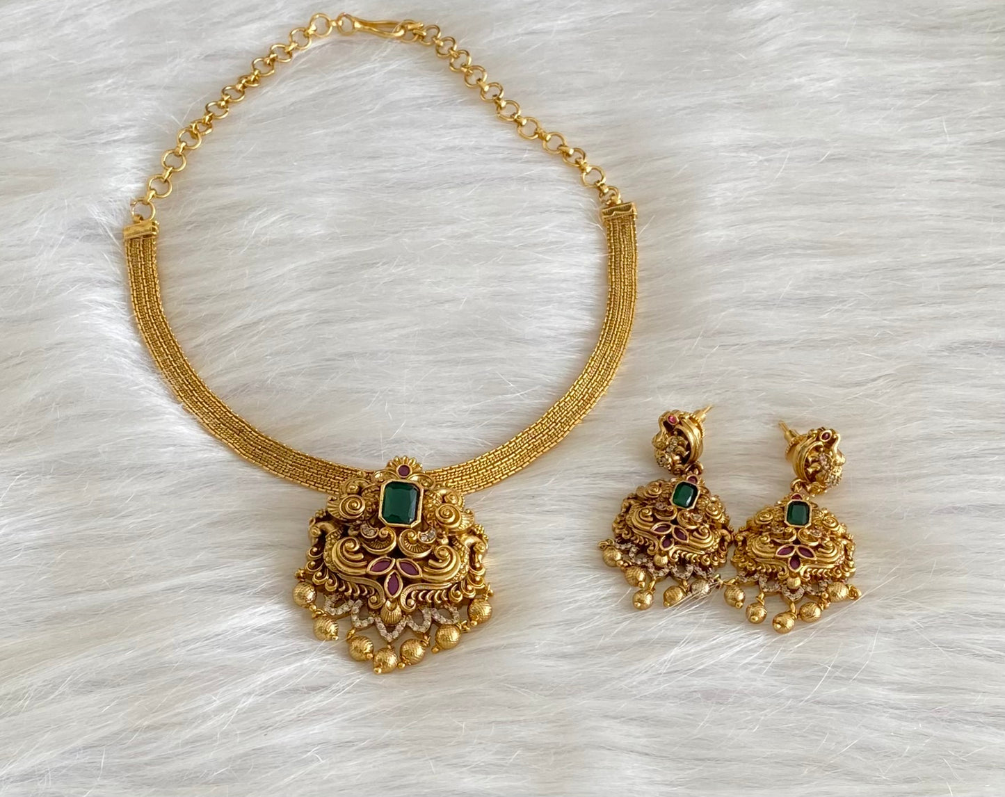 Antique gold tone kemp-green-white peacock necklace set dj-54260