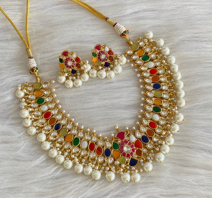 Antique gold tone pearl kundan jadau navarathna necklace set dj-54168