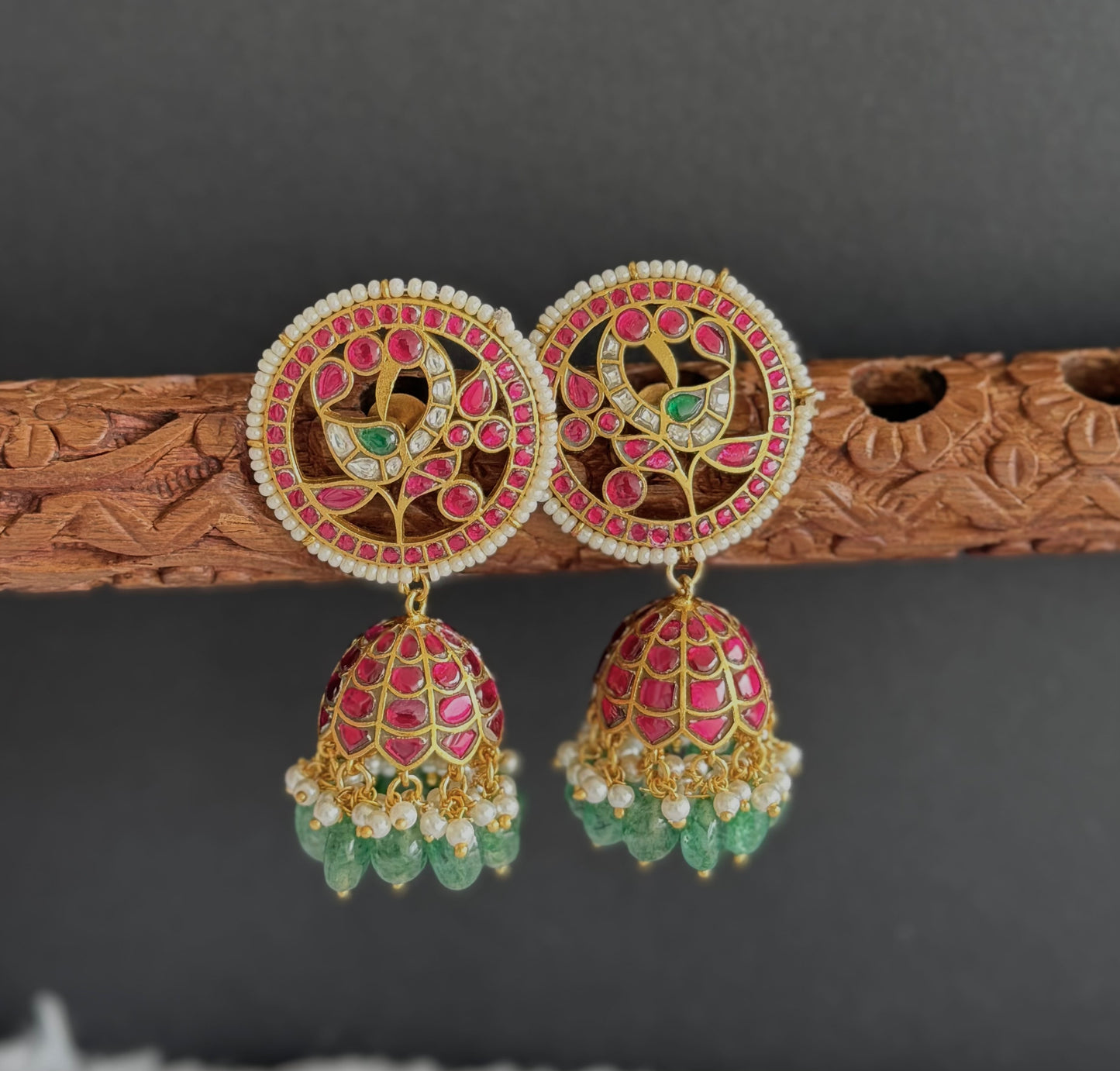 Gold tone pink-green-white kundan jadau green beaded big round peacock jhumkka dj-51509