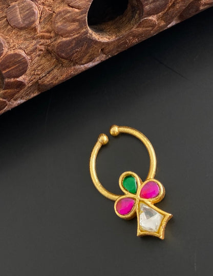 Gold tone kundan jadau pink-green-white stone nose pin/bulakku dj-53756