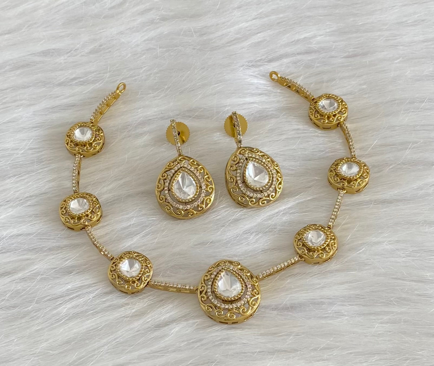 Dark antique finish white stone necklace set dj-54238
