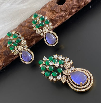 Antique gold tone purple-green-white pendant set dj-53978