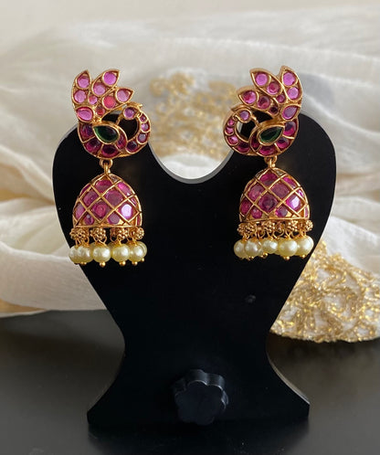 Antique gold tone kemp-green-white stone pearl peacock jhumkka dj-55093