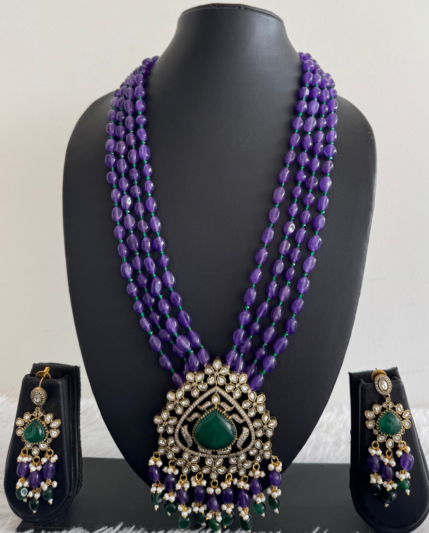 Antique victorian finish purple-green beaded kundan haar Set Dj-51464