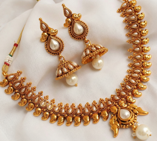 Antique gold tone Pearl Mango Necklace Set - DJ16777