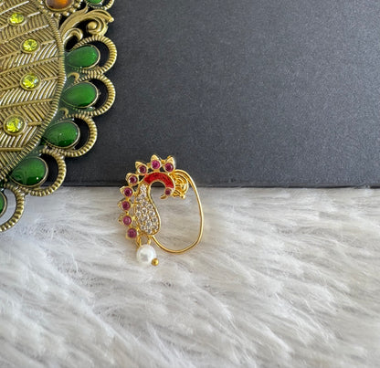 Gold tone pink-red peacock nose pin Dj-52038
