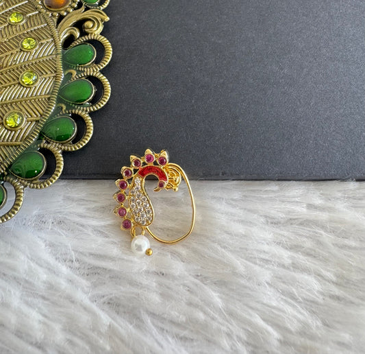 Gold tone pink-red peacock nose pin Dj-52038