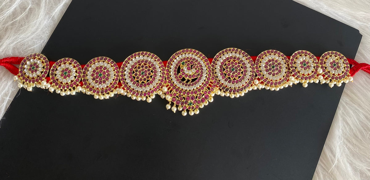 Gold tone precious kemp-green-white pearl peacock flower round waist band dj-54736
