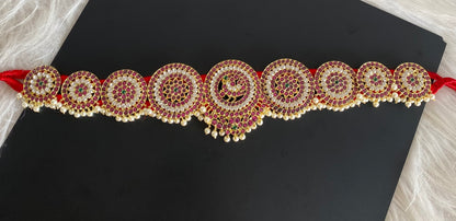 Gold tone precious kemp-green-white pearl peacock flower round waist band dj-54736