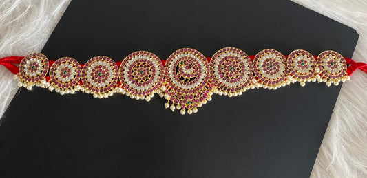 Gold tone precious kemp-green-white pearl peacock flower round waist band dj-54736